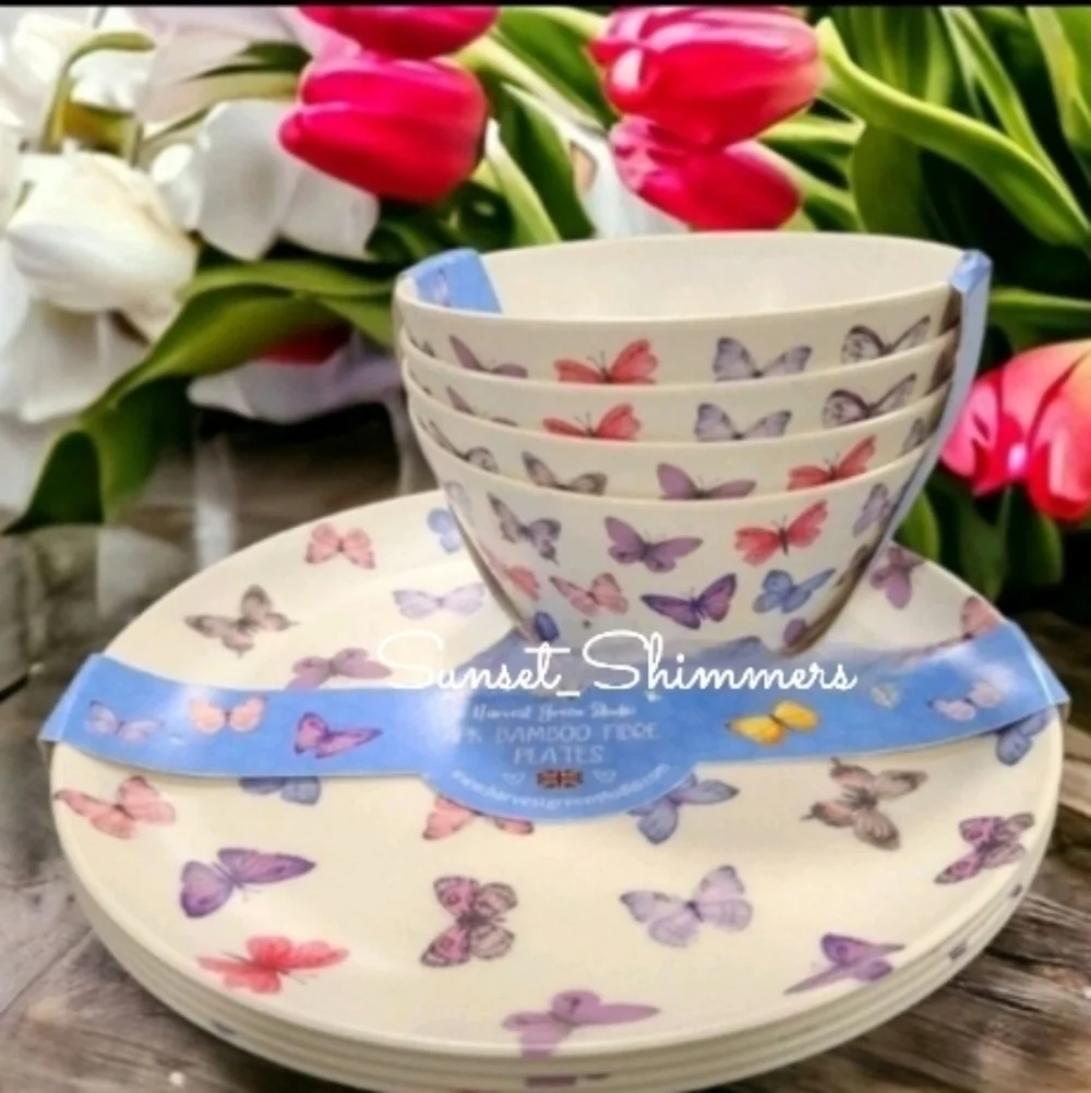 8pc Summer Butterfly Melamine Dinner Plate & Bowl Set INDOOR OUTDOOR New